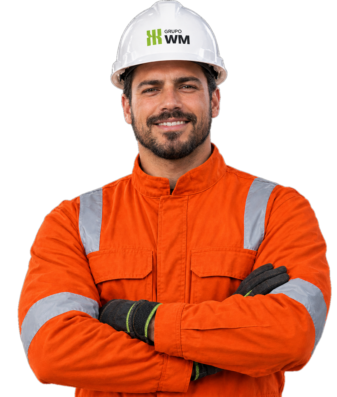 Colaborador do Grupo WM de capacete e uniforme de segurança