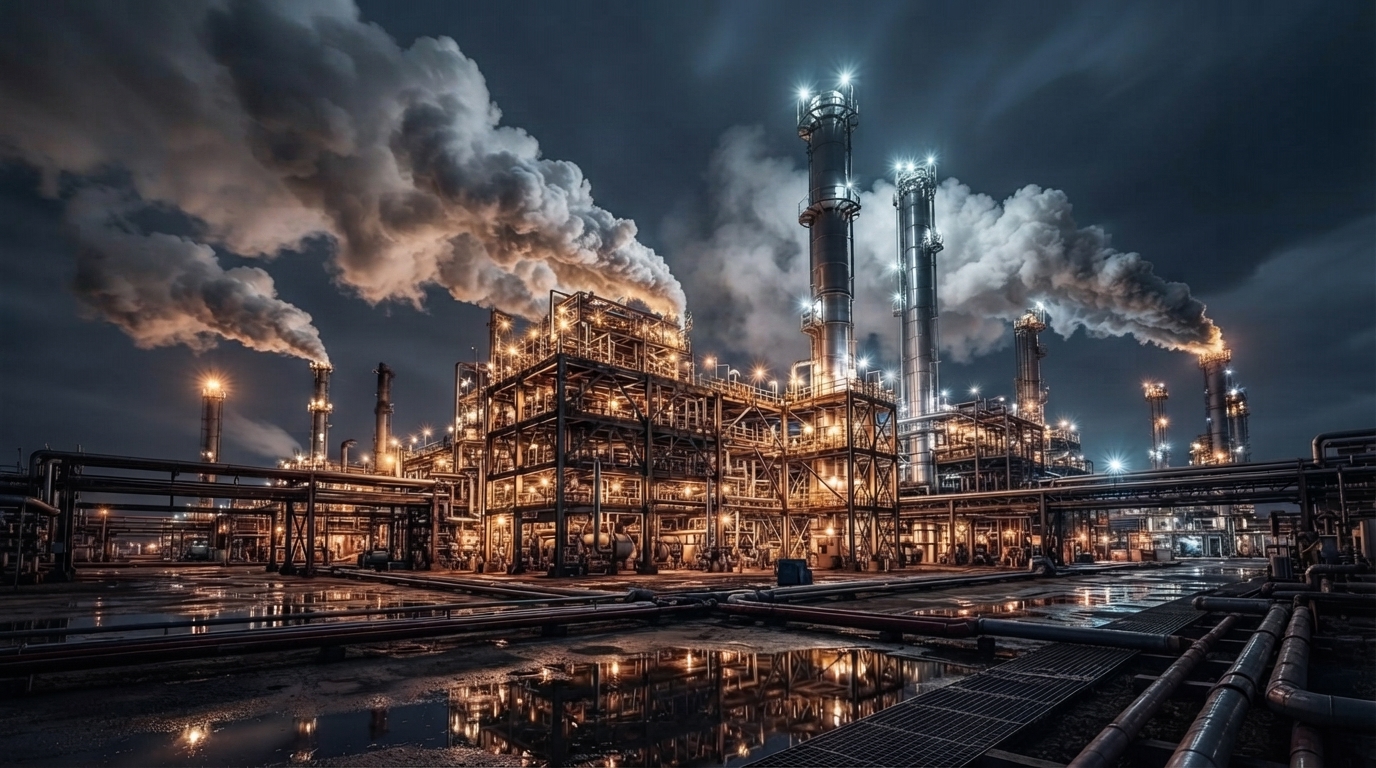 Refinaria industrial iluminada durante a noite
