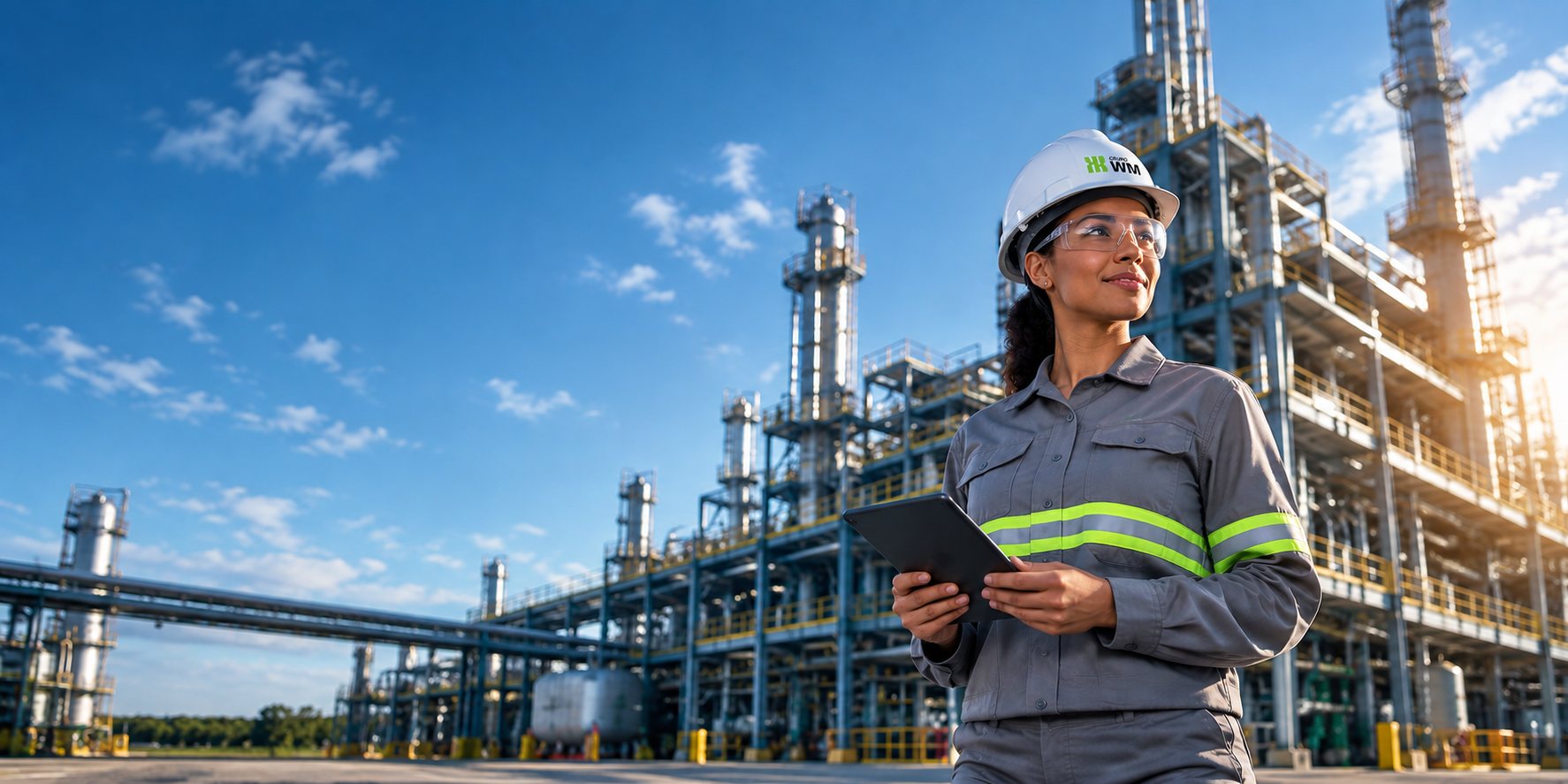Engenheira do Grupo WM em frente a uma planta de processo